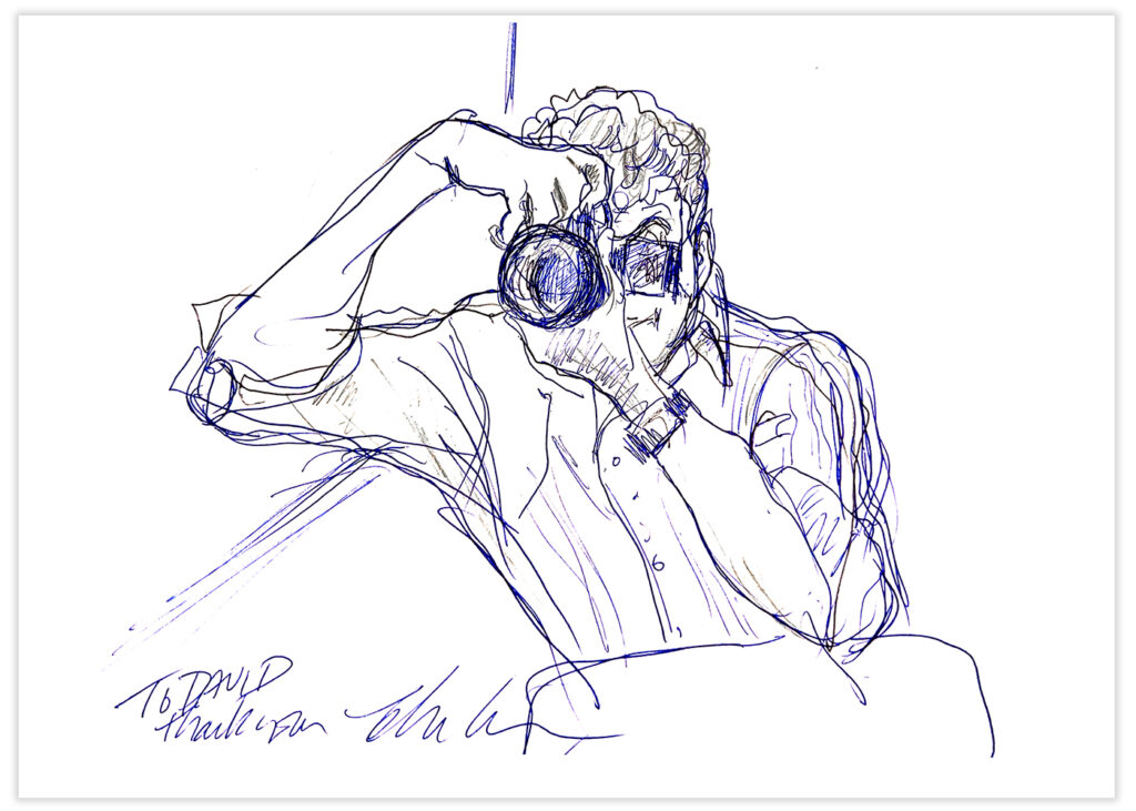 Custom hand drawn illustration of photographer David Beyda by courtroom artist Elizabeth Williams